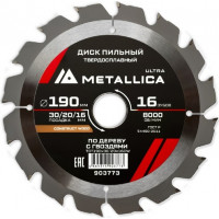 Диск пильный твердосплавный METALLICA Ultra 190x30/20/16мм, 16зуб,Т=2,4мм, по стройдревесине/гвозди